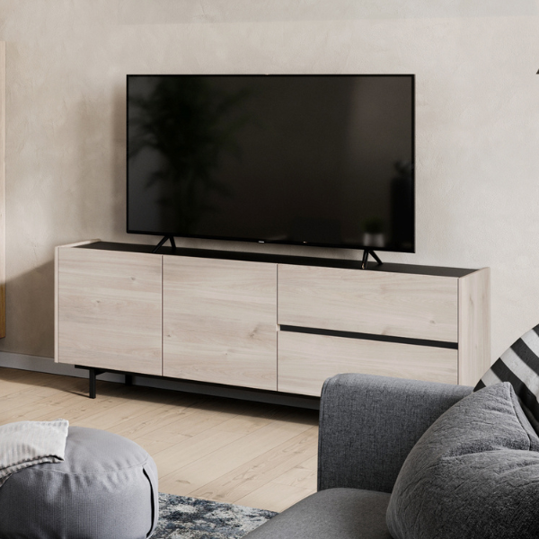 Meuble TV Grillo 162cm avec deux portes et deux tiroirs - décor chêne