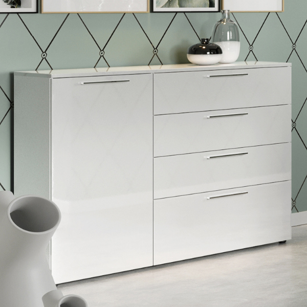 Bahut Shiny 135cm avec 1 porte & 4 tiroirs - blanc brillant