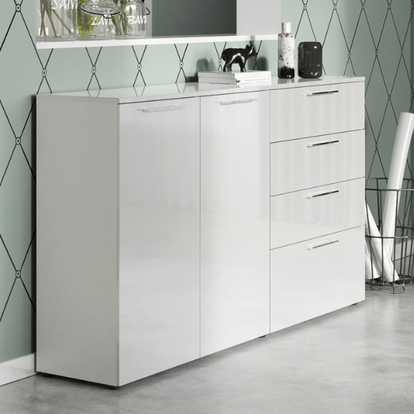 Bahut Shiny 186cm avec 2 portes & 4 tiroirs - blanc brillant