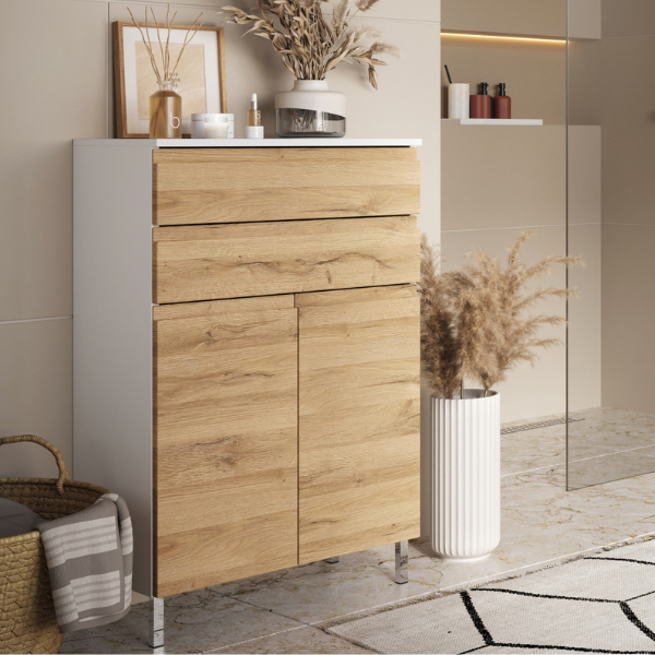 Armoire de salle de bains Torres 60cm avec 2 portes & 2 tiroirs - décor chêne/blanc