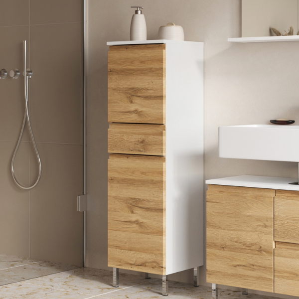 Armoire de colonne Torres 34cm avec 2 portes & 1 tiroir - décor chêne/blanc