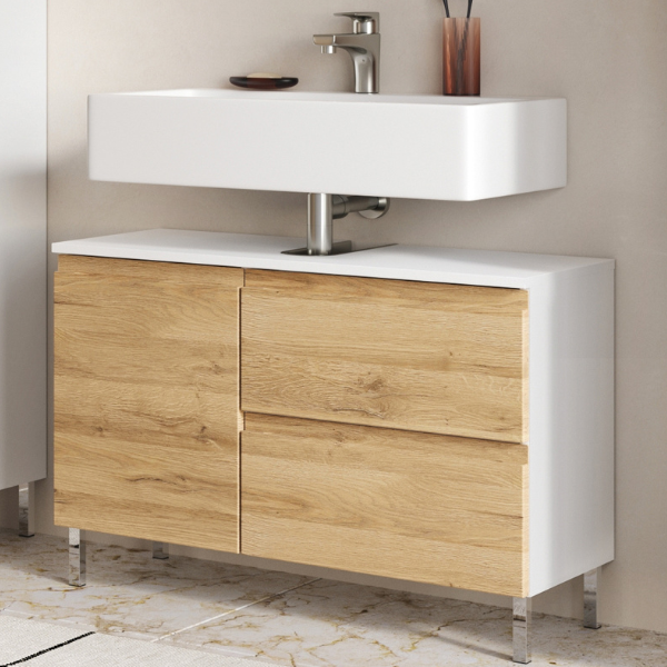Meuble sous-vasque Torres 80cm avec deux portes & 1 tiroir - décor chêne/blanc