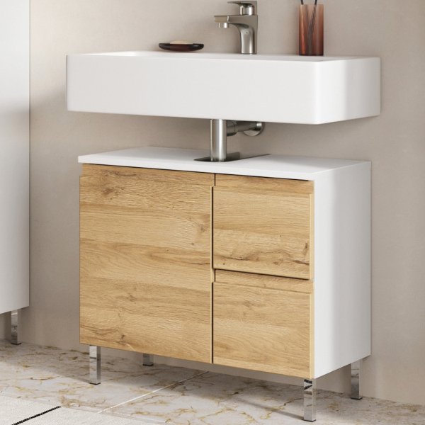 Meuble sous-vasque Torres 60cm avec deux tiroirs & 1 porte - décor chêne/blanc