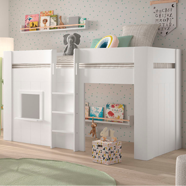 Dormeur semi-haut Reno avec maison de jeu - 206x104x120 cm - Blanc