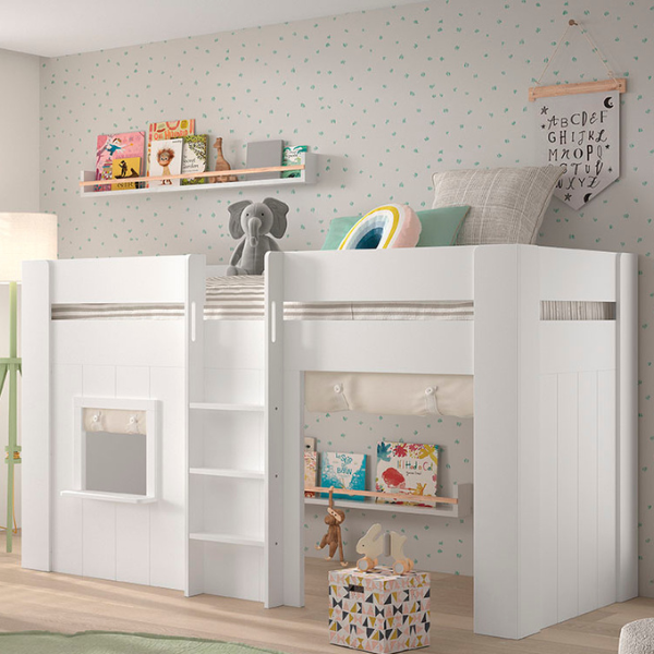 Couchette semi-haute Reno | Comprend maison de jeux et rideaux | 90 x 200 cm | Blanc