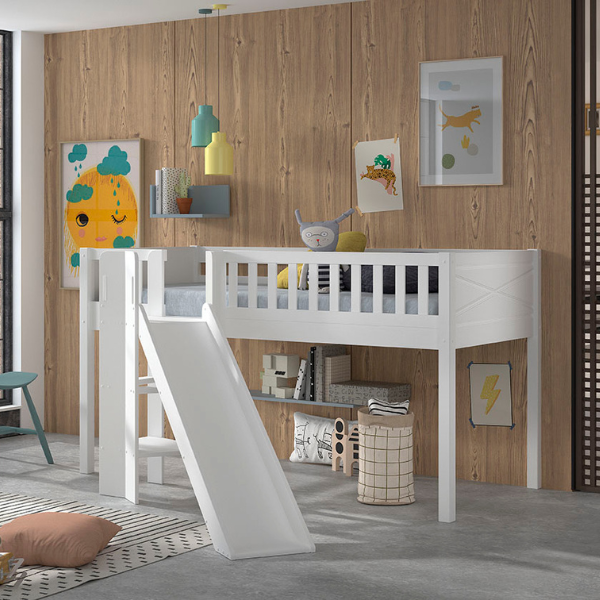 Couchette semi-haute Scott avec toboggan - 208x204x114 cm - Blanc