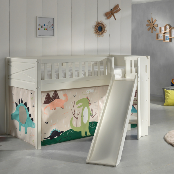 Lit mi-hauteur Scottie 90x200 cm avec toboggan et rideau de jeu dino-blanc