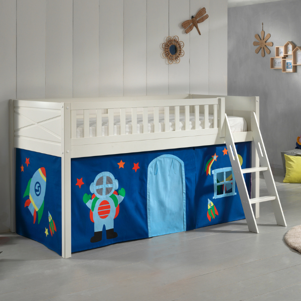 Lit mi-hauteur Scottie 90x200 cm avec rideau de jeu astronautes-blanc