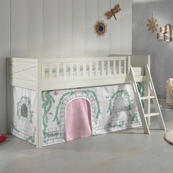 Lit mi-hauteur Scottie 90x200 cm avec rideau de jeu birdy-blanc