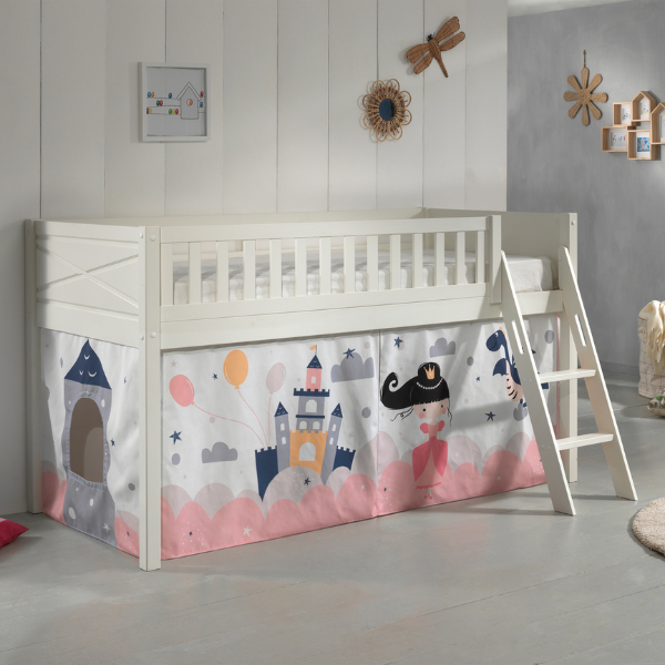 Lit mi-hauteur Scottie 90x200 cm avec rideau de jeu princesse Sophie-blanc