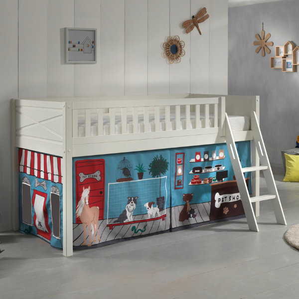 Lit mi-hauteur Scottie 90x200 cm avec rideau de jeu animalerie-blanc