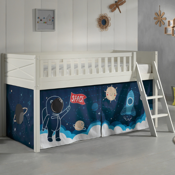 Lit mi-hauteur Scottie 90x200 cm avec rideau de jeu vaisseau spatial-blanc