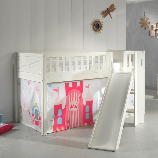 Lit mi-hauteur Scottie 90x200 cm avec toboggan et rideau princesse-blanc