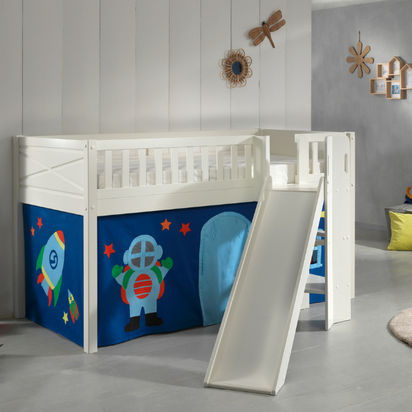 Lit mi-hauteur Scottie 90x200 cm avec toboggan et rideau astronautes-blanc