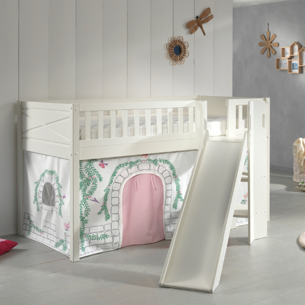 Lit mi-hauteur Scottie 90x200 cm avec toboggan et rideau birdy-blanc