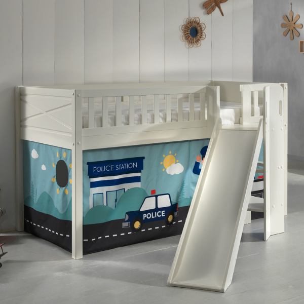 Lit mi-hauteur Scottie 90x200 cm avec toboggan et rideau police-blanc