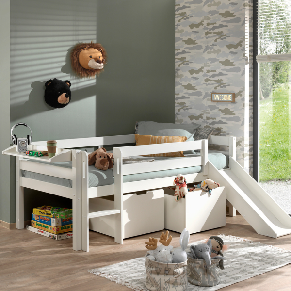Lit mi-hauteur Pip 90x200 cm+toboggan,2 tiroirs et étagère suspendue-blanc