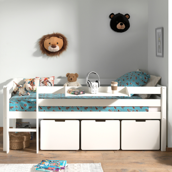 Lit mi-hauteur Pip 90x200 cm avec 3 tiroirs et étagère suspendue-blanc