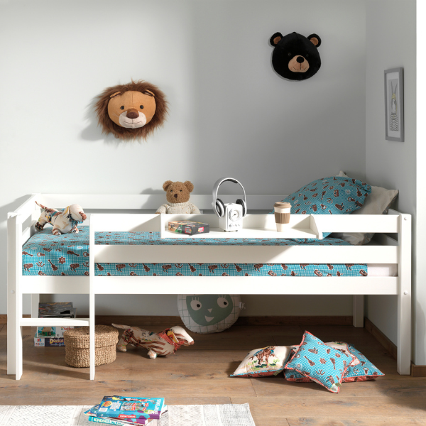 Lit mi-hauteur Pip 90x200 cm avec étagère suspendue-blanc