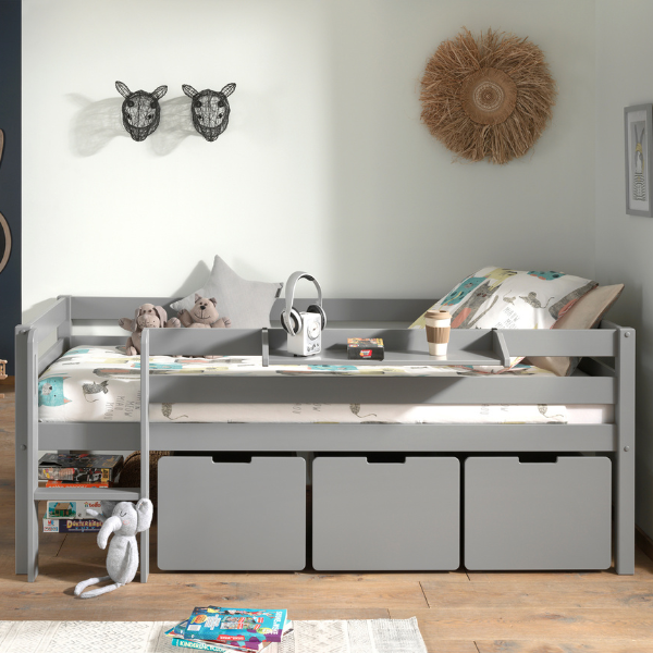Lit mi-hauteur Pip 90x200 cm avec 3 tiroirs et étagère suspendue-gris