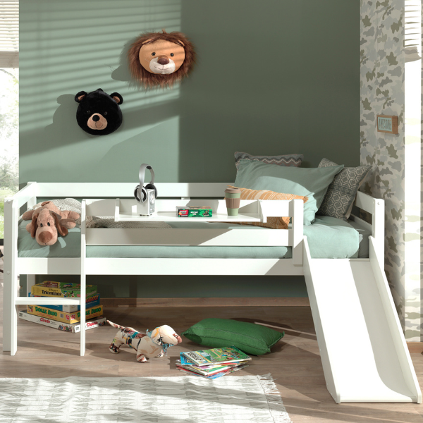 Lit mi-hauteur Pip 90x200 cm avec toboggan et étagère suspendue-blanc