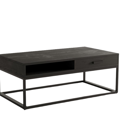 Mangolia table basse noire avec tiroir | Cadre en métal et plateau en bois exotique | H40xW110xD60cm