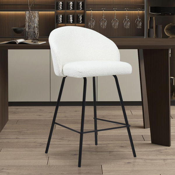 Tabouret de bar June Bouclé Blanc | Pieds en métal | H87 x L52 x P51 cm