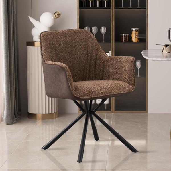 Chaise Bouclé Lucie Dossier PU brun | Pieds métal | H82.5 x L62 x P63 cm