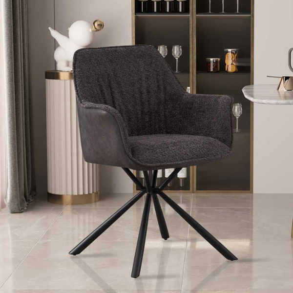 Chaise Bouclé Lucie Gris clair Dossier en PU | Pieds en métal | H82.5 x L62 x P63 cm