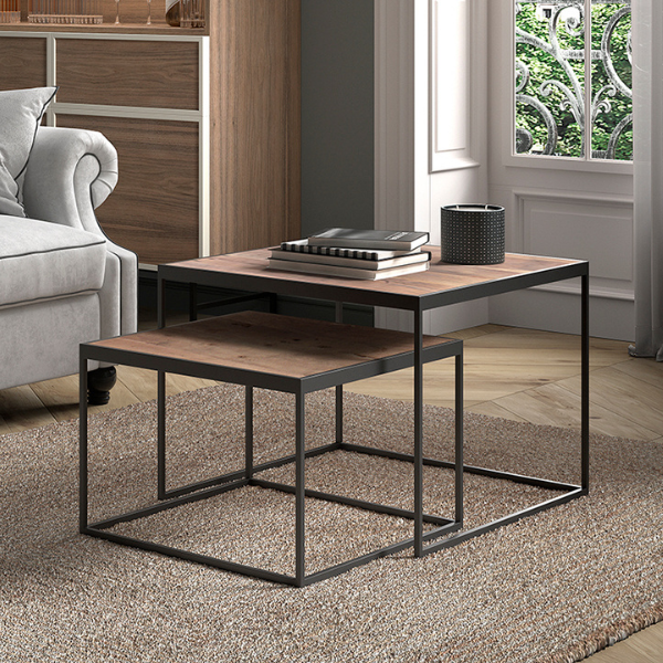 Table basse 'Quinn' Mangolia | Structure en métal, surface en bois exotique | H45/35 x L65/50 x P65/50 cm