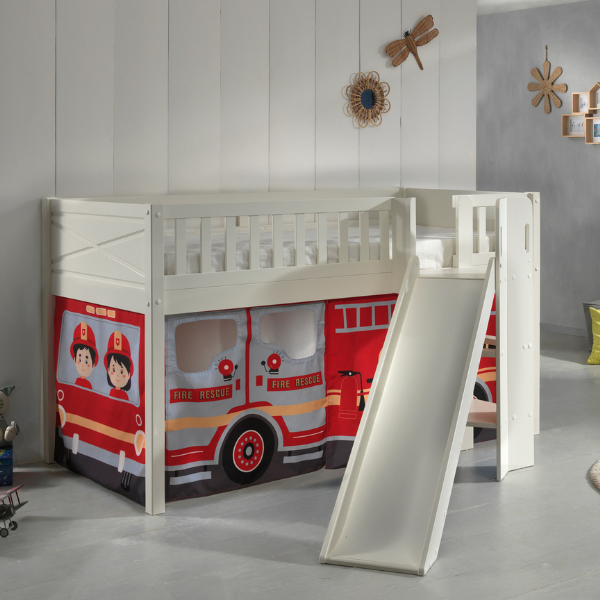 Couchette haute avec toboggan Scott - 208x204x114 cm - Pompiers/blanc