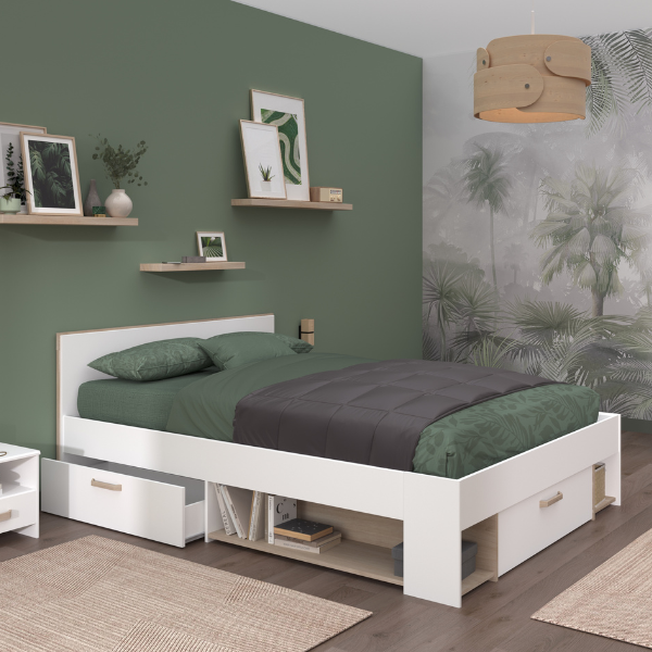 Lit double Sueno 140x200cm avec rangement - blanc/décor chêne