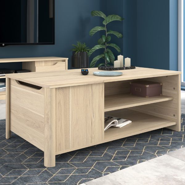 Table basse Wendy 110x60cm avec espace de rangement - décor chêne