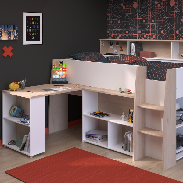 Lit mi-hauteur Duffy 90x200cm avec bureau - blanc/décor chêne