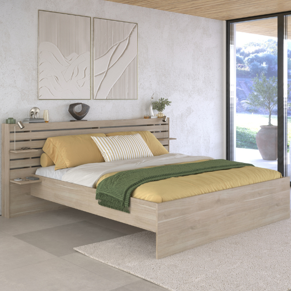 Lit double Tokio 180x200 cm - décor chêne / blanc