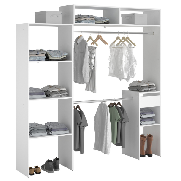 Armoire Botan 140-198cm, 4 étagères, 2 tringles, 1 tiroir - blanc