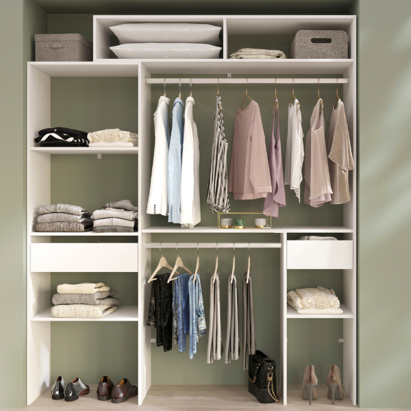 Armoire Botan 140 - 198cm, 4 étagères, 2 tringles, 2 tiroirs - blanc