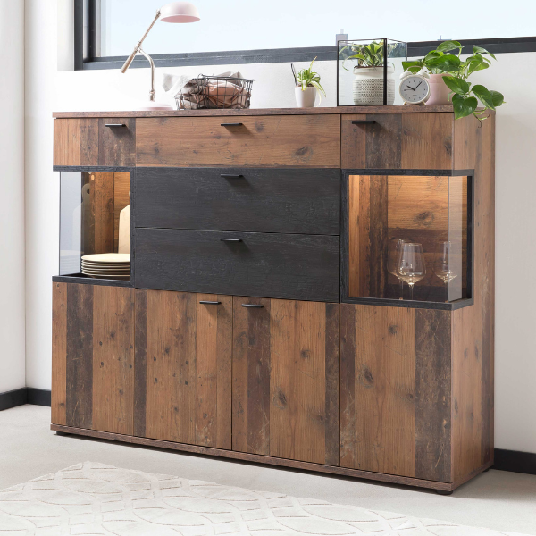 Vaisselier Atnalta 155x40 cm-Bois ancien/bois brûlé