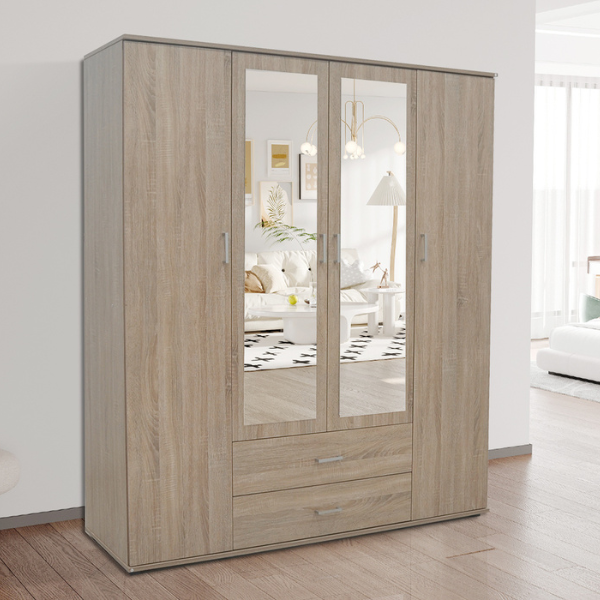Armoire Marc avec miroir - 4 portes & 2 tiroirs - Chêne Sonoma