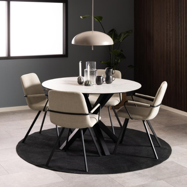 Table de salle à manger Hennie - Ø119x75,5 cm - plateau céramique - marbre blanc