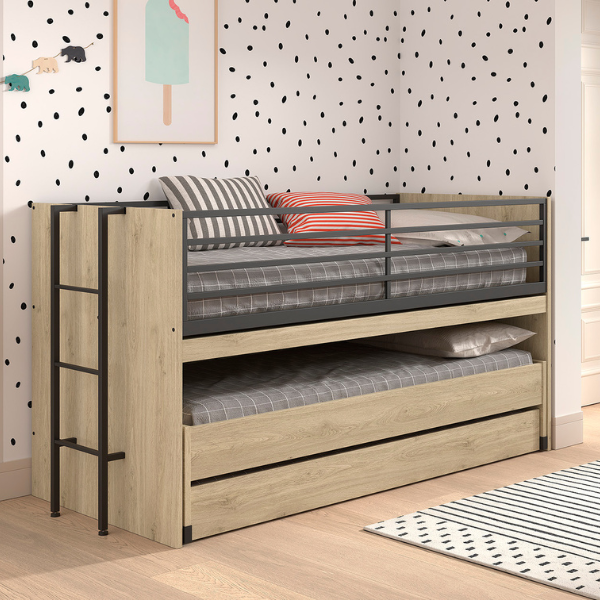 Lit mi-hauteur Sammie 90x200cm avec 2 lits, tiroir de lit et bureau - décor chêne