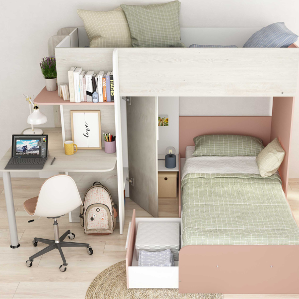 Lit superposé Beau 90x190 cm avec bureau-rose/pin/blanc