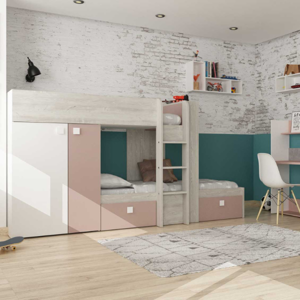 Lit superposé Beau (sommier à lattes lit inférieur non inclus) - rose/blanc