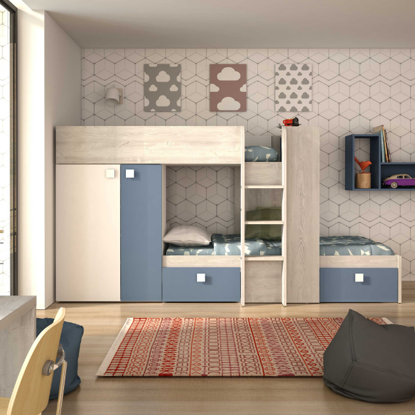 Lit superposé Beau 90x200 cm (sommier à lattes, lit inférieur non inclus) - blanc/pin/bleu