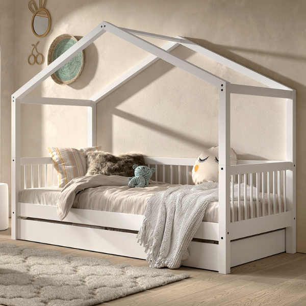 Lit maison Forrest 90x200cm avec lit gigogne - bois de hêtre massif - blanc