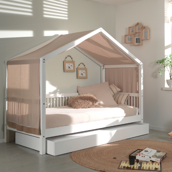 Lit maison Forrest 90x200 avec lit gigogne et tente de lit - bois de hêtre - blanc/rose
