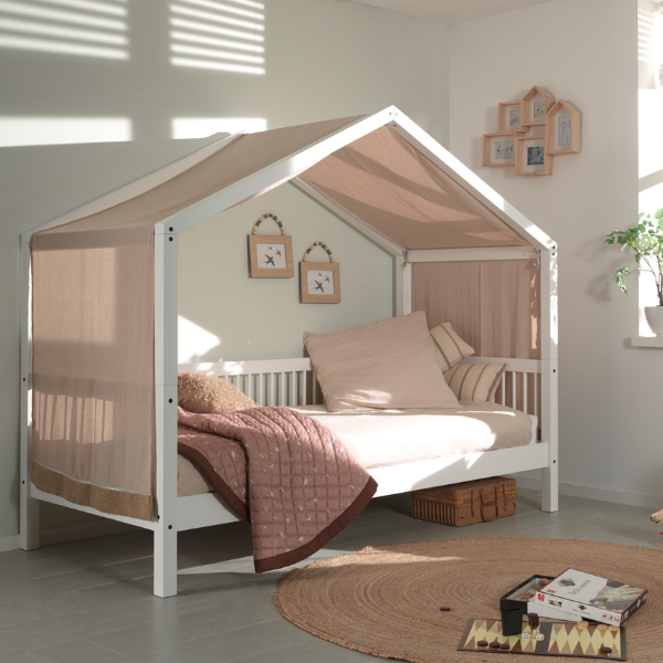 Lit maison Forrest 90x200 avec tente de lit - bois de hêtre massif - blanc/rose