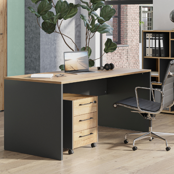 Meubles de bureau Robert: table de bureau et bloc-tiroirs - décor chêne/anthracite