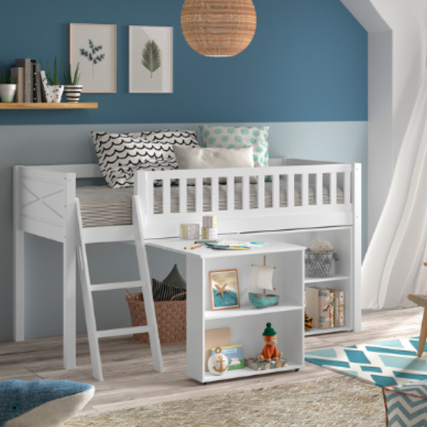 Ensemble de chambre d'enfant Scott - Lit semi-haut, bureau et bibliothèque - Blanc