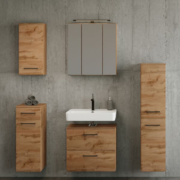 Ensemble de salle de bains Manchester | Meuble lavabo, armoire colonne, armoire de toilette avec éclairage, armoire murale, armoire latérale | Chêne Wotan